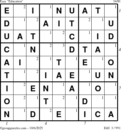 The grouppuzzles.com Easy Education-c1 puzzle for Monday October 6, 2025 with all 3 steps marked