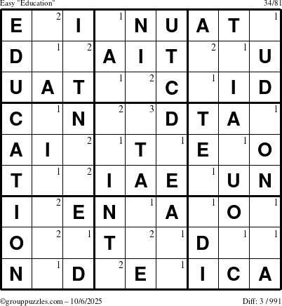 The grouppuzzles.com Easy Education-c1 puzzle for Monday October 6, 2025 with the first 3 steps marked