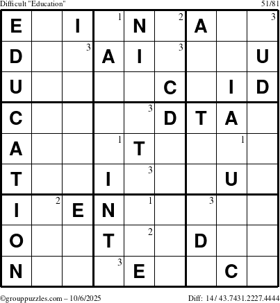 The grouppuzzles.com Difficult Education-c1 puzzle for Monday October 6, 2025 with the first 3 steps marked