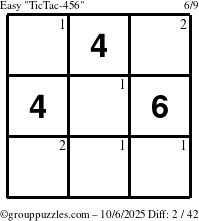 The grouppuzzles.com Easy TicTac-456 puzzle for Monday October 6, 2025 with the first 2 steps marked