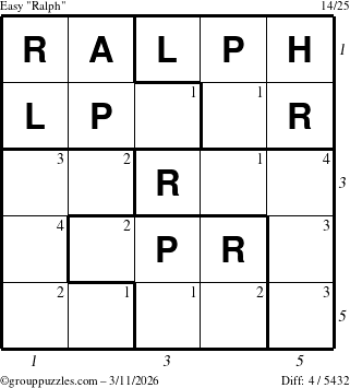 The grouppuzzles.com Easy Ralph puzzle for Wednesday March 11, 2026, suitable for printing, with all 4 steps marked