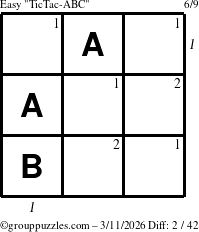 The grouppuzzles.com Easy TicTac-ABC puzzle for Wednesday March 11, 2026, suitable for printing, with all 2 steps marked