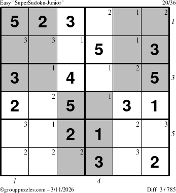 The grouppuzzles.com Easy SuperSudoku-Junior puzzle for Wednesday March 11, 2026, suitable for printing, with all 3 steps marked