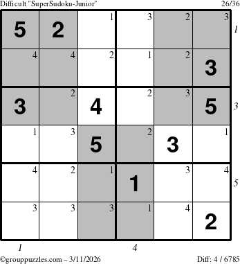 The grouppuzzles.com Difficult SuperSudoku-Junior puzzle for Wednesday March 11, 2026, suitable for printing, with all 4 steps marked