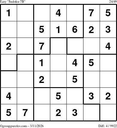 The grouppuzzles.com Easy Sudoku-7B puzzle for Wednesday March 11, 2026