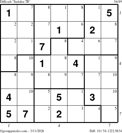 The grouppuzzles.com Difficult Sudoku-7B puzzle for Wednesday March 11, 2026, suitable for printing, with all 10 steps marked