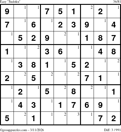 The grouppuzzles.com Easy Sudoku puzzle for Wednesday March 11, 2026 with the first 3 steps marked