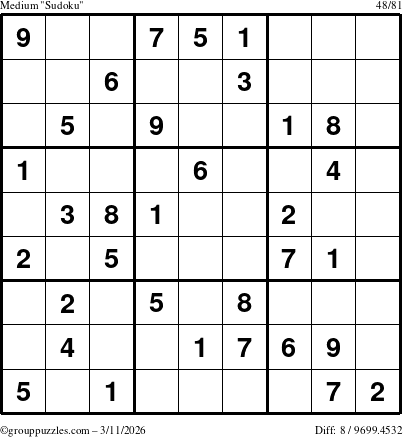 The grouppuzzles.com Medium Sudoku puzzle for Wednesday March 11, 2026