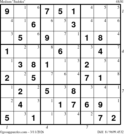 The grouppuzzles.com Medium Sudoku puzzle for Wednesday March 11, 2026, suitable for printing, with all 8 steps marked