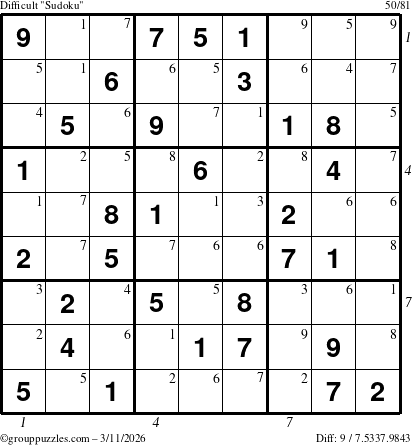 The grouppuzzles.com Difficult Sudoku puzzle for Wednesday March 11, 2026, suitable for printing, with all 9 steps marked