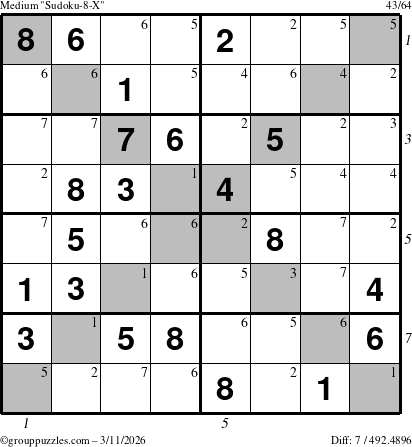 The grouppuzzles.com Medium Sudoku-8-X puzzle for Wednesday March 11, 2026, suitable for printing, with all 7 steps marked