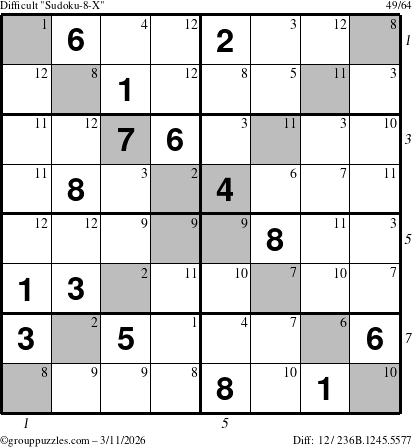 The grouppuzzles.com Difficult Sudoku-8-X puzzle for Wednesday March 11, 2026, suitable for printing, with all 12 steps marked