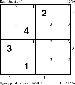 The grouppuzzles.com Easy Sudoku-4 puzzle for Sunday September 14, 2025 with all 3 steps marked