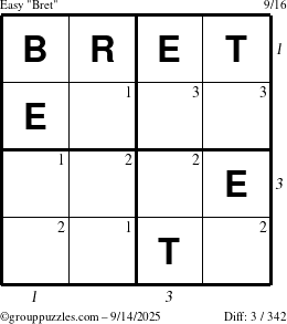 The grouppuzzles.com Easy Bret puzzle for Sunday September 14, 2025 with all 3 steps marked
