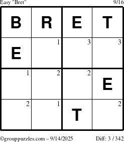 The grouppuzzles.com Easy Bret puzzle for Sunday September 14, 2025 with the first 3 steps marked