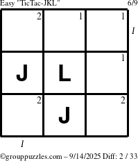 The grouppuzzles.com Easy TicTac-JKL puzzle for Sunday September 14, 2025 with all 2 steps marked