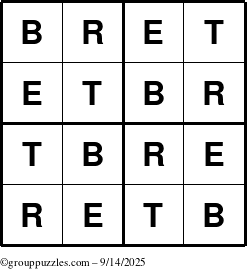 The grouppuzzles.com Answer grid for the Bret puzzle for Sunday September 14, 2025