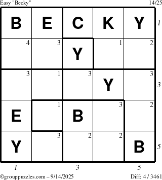 The grouppuzzles.com Easy Becky puzzle for Sunday September 14, 2025 with all 4 steps marked
