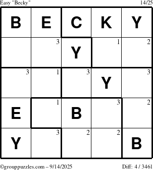 The grouppuzzles.com Easy Becky puzzle for Sunday September 14, 2025 with the first 3 steps marked