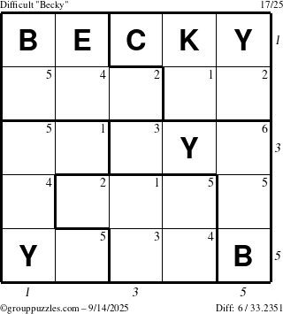The grouppuzzles.com Difficult Becky puzzle for Sunday September 14, 2025 with all 6 steps marked