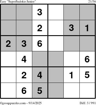 The grouppuzzles.com Easy SuperSudoku-Junior puzzle for Sunday September 14, 2025