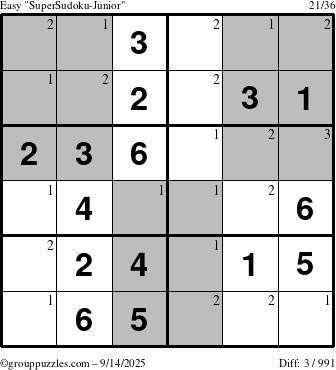 The grouppuzzles.com Easy SuperSudoku-Junior puzzle for Sunday September 14, 2025 with the first 3 steps marked
