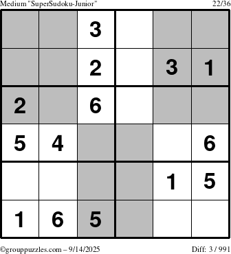 The grouppuzzles.com Medium SuperSudoku-Junior puzzle for Sunday September 14, 2025