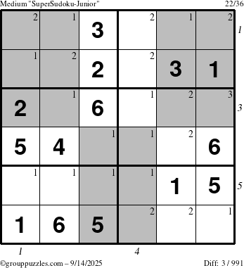 The grouppuzzles.com Medium SuperSudoku-Junior puzzle for Sunday September 14, 2025 with all 3 steps marked