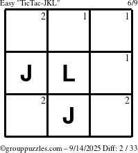The grouppuzzles.com Easy TicTac-JKL puzzle for Sunday September 14, 2025 with the first 2 steps marked