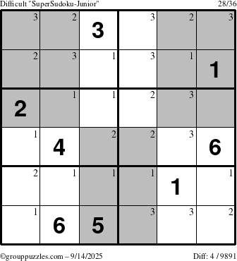 The grouppuzzles.com Difficult SuperSudoku-Junior puzzle for Sunday September 14, 2025 with the first 3 steps marked