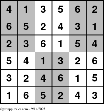 The grouppuzzles.com Answer grid for the SuperSudoku-Junior puzzle for Sunday September 14, 2025