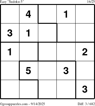 The grouppuzzles.com Easy Sudoku-5 puzzle for Sunday September 14, 2025