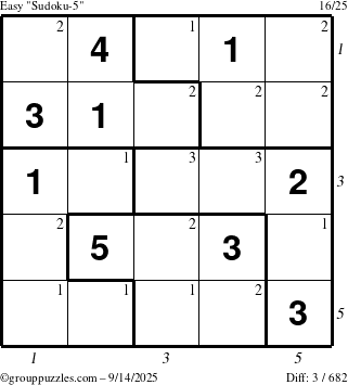 The grouppuzzles.com Easy Sudoku-5 puzzle for Sunday September 14, 2025, suitable for printing, with all 3 steps marked