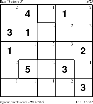 The grouppuzzles.com Easy Sudoku-5 puzzle for Sunday September 14, 2025 with the first 3 steps marked