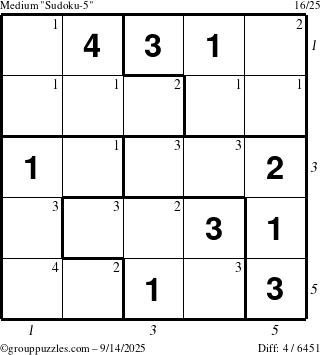 The grouppuzzles.com Medium Sudoku-5 puzzle for Sunday September 14, 2025 with all 4 steps marked