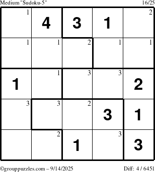 The grouppuzzles.com Medium Sudoku-5 puzzle for Sunday September 14, 2025 with the first 3 steps marked