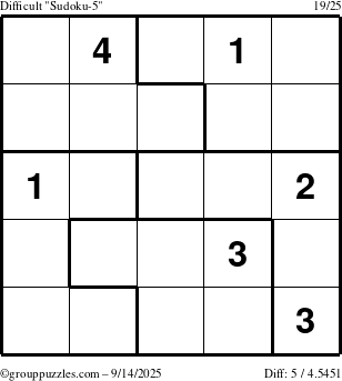 The grouppuzzles.com Difficult Sudoku-5 puzzle for Sunday September 14, 2025