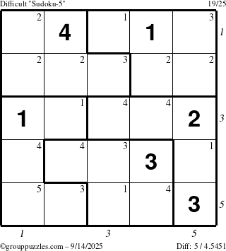 The grouppuzzles.com Difficult Sudoku-5 puzzle for Sunday September 14, 2025 with all 5 steps marked