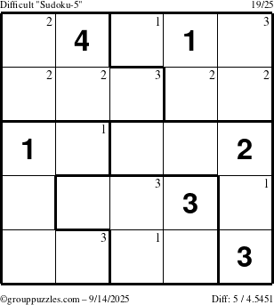 The grouppuzzles.com Difficult Sudoku-5 puzzle for Sunday September 14, 2025 with the first 3 steps marked