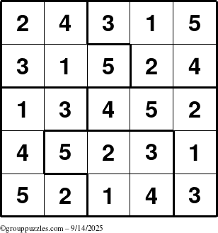 The grouppuzzles.com Answer grid for the Sudoku-5 puzzle for Sunday September 14, 2025