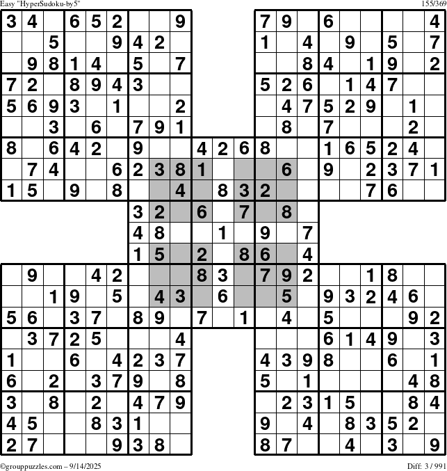 The grouppuzzles.com Easy HyperSudoku-by5 puzzle for Sunday September 14, 2025
