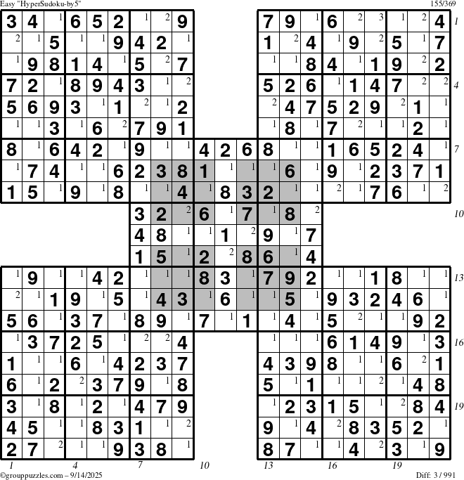 The grouppuzzles.com Easy HyperSudoku-by5 puzzle for Sunday September 14, 2025 with all 3 steps marked
