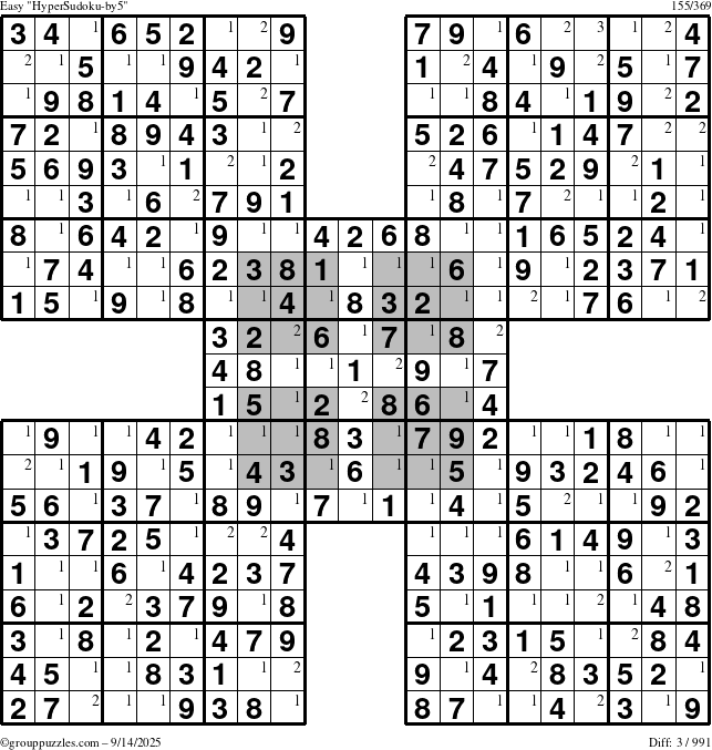 The grouppuzzles.com Easy HyperSudoku-by5 puzzle for Sunday September 14, 2025 with the first 3 steps marked
