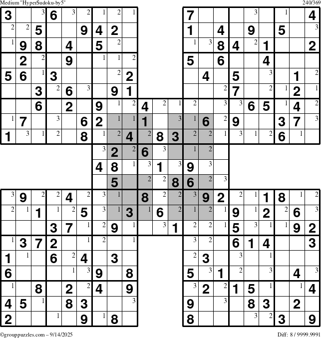 The grouppuzzles.com Medium HyperSudoku-by5 puzzle for Sunday September 14, 2025 with the first 3 steps marked