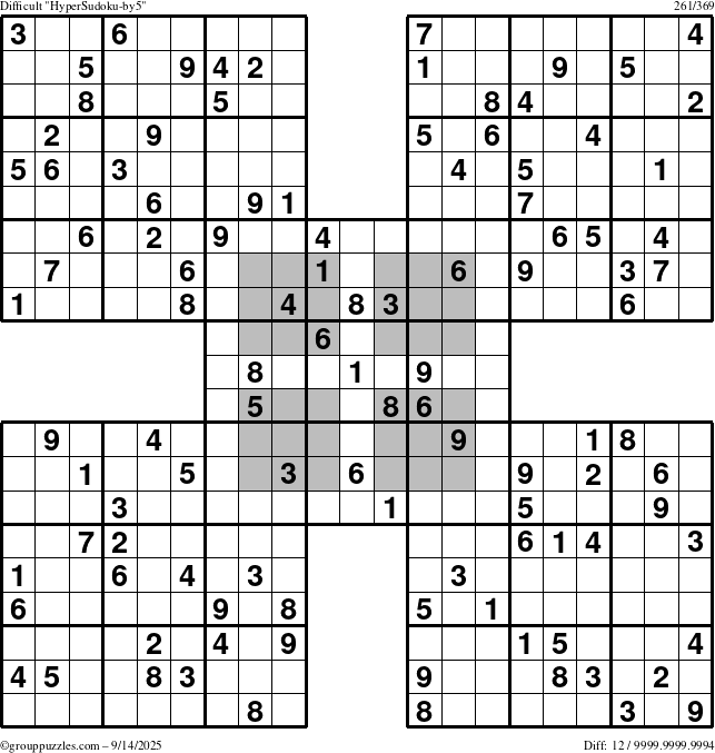 The grouppuzzles.com Difficult HyperSudoku-by5 puzzle for Sunday September 14, 2025
