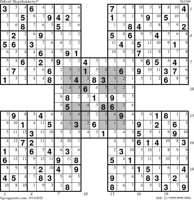 The grouppuzzles.com Difficult HyperSudoku-by5 puzzle for Sunday September 14, 2025 with all 12 steps marked