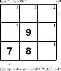The grouppuzzles.com Easy TicTac-789 puzzle for Sunday September 14, 2025 with all 2 steps marked