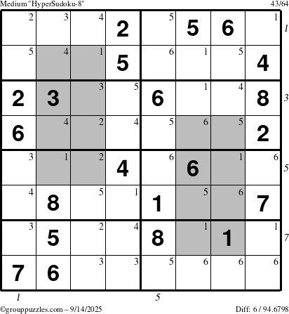 The grouppuzzles.com Medium HyperSudoku-8 puzzle for Sunday September 14, 2025, suitable for printing, with all 6 steps marked