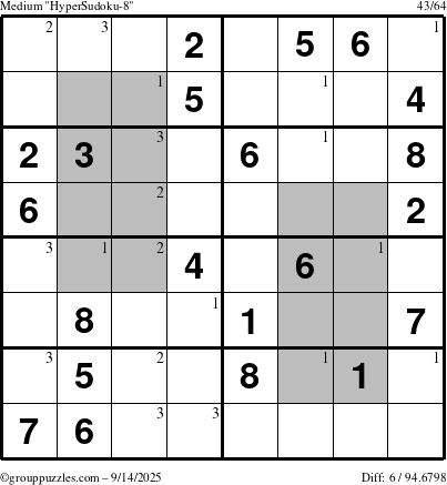 The grouppuzzles.com Medium HyperSudoku-8 puzzle for Sunday September 14, 2025 with the first 3 steps marked