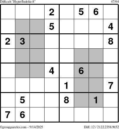 The grouppuzzles.com Difficult HyperSudoku-8 puzzle for Sunday September 14, 2025